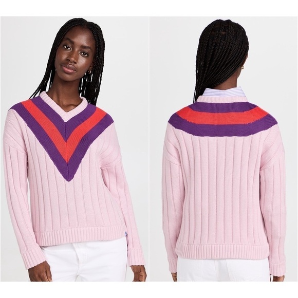 KULE Cotton Cashmere Rib Knit Striped V-Neck Pullover Varsity Tennis Sweater XS - Picture 8 of 12
